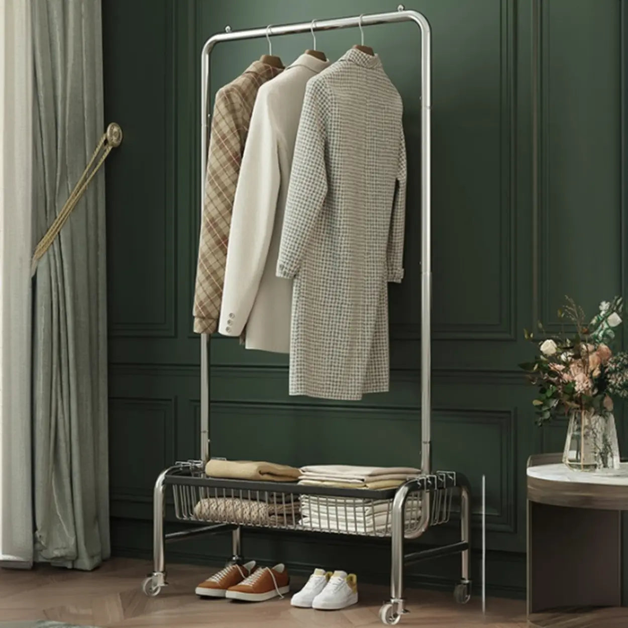 Silver Metal Rectangular Coat Rack with Basket
