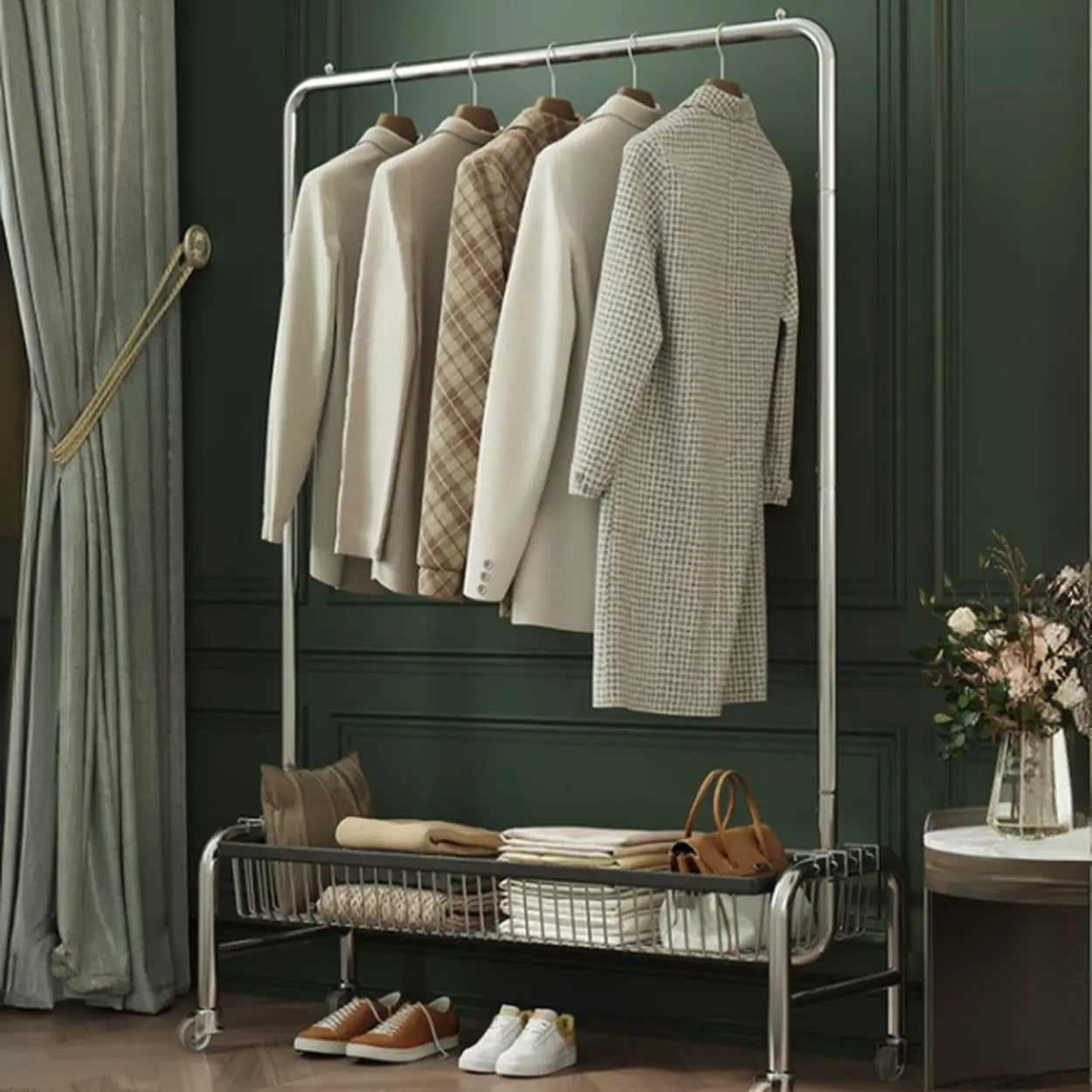 Silver Metal Rectangular Coat Rack with Basket
