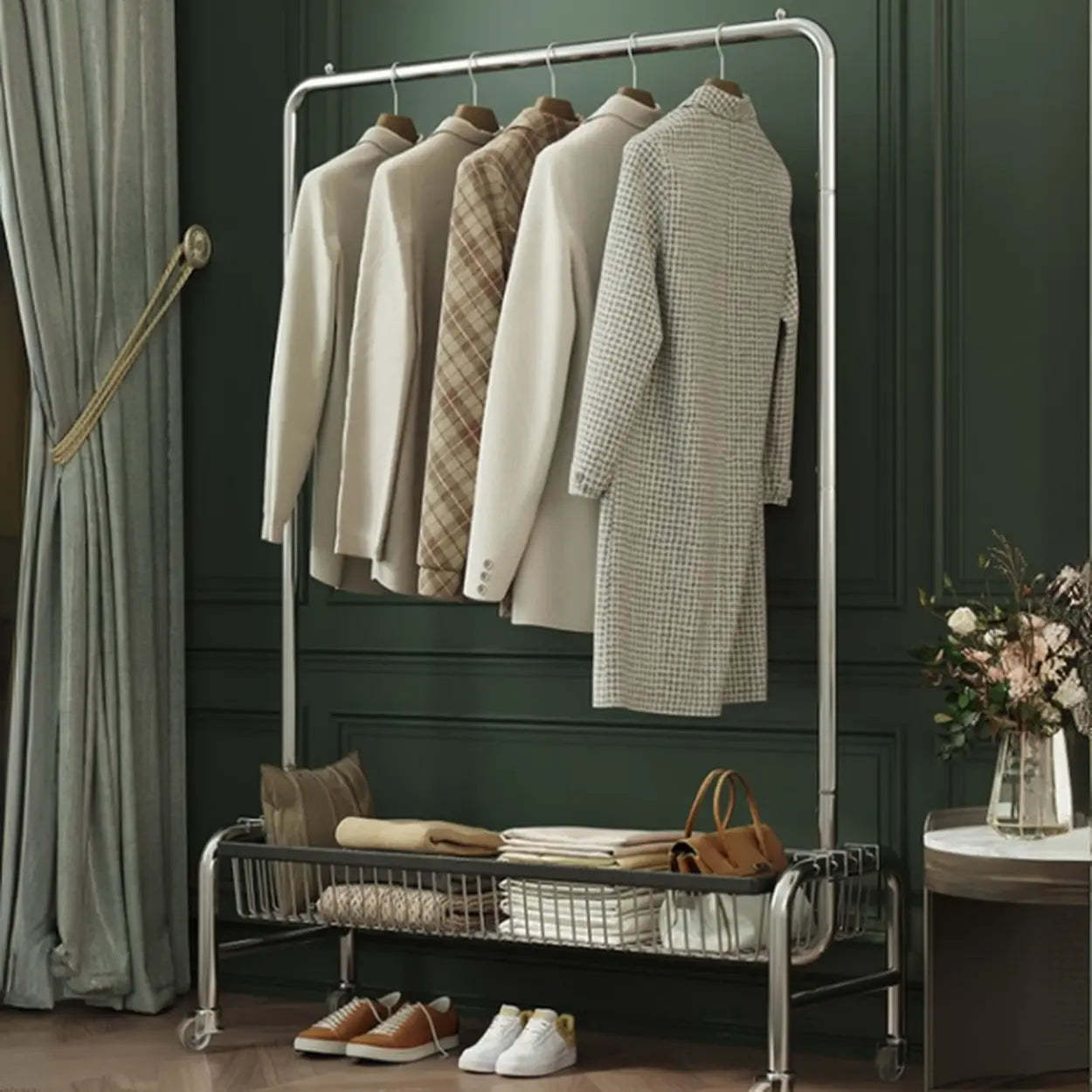 Silver Metal Rectangular Coat Rack with Basket