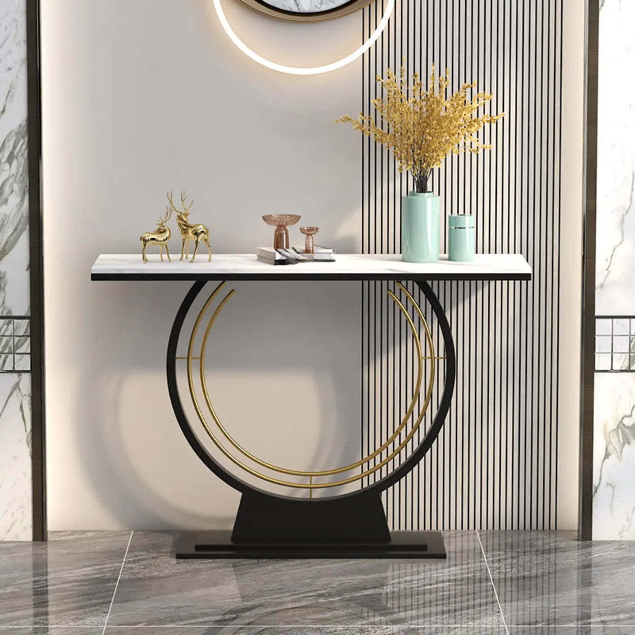 Rectangular Metal Stone White Console Table — Black