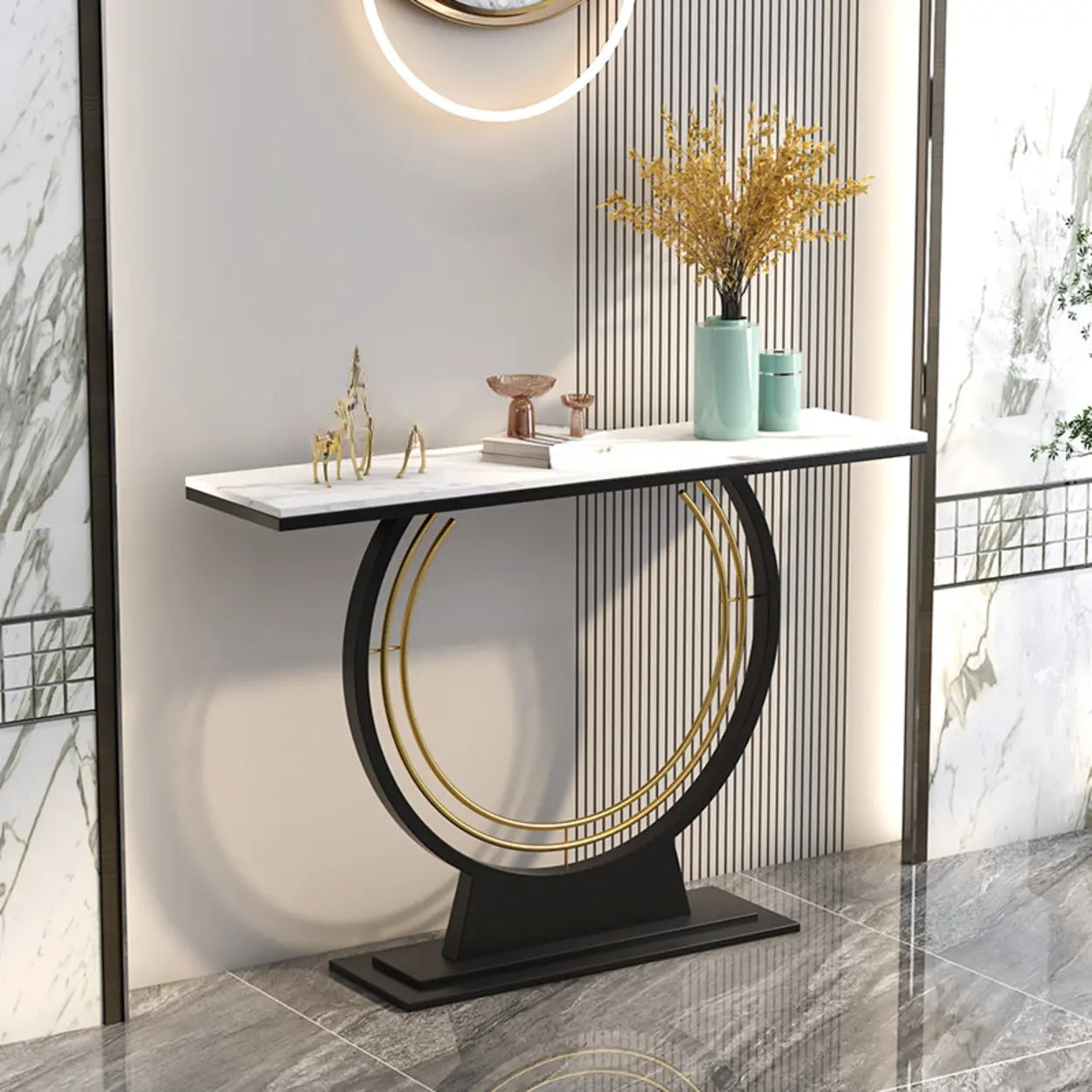 Rectangular Metal Stone White Console Table — White