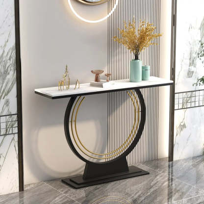 Rectangular Metal Stone White Console Table — White
