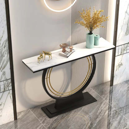 Rectangular Metal Stone White Console Table — Black