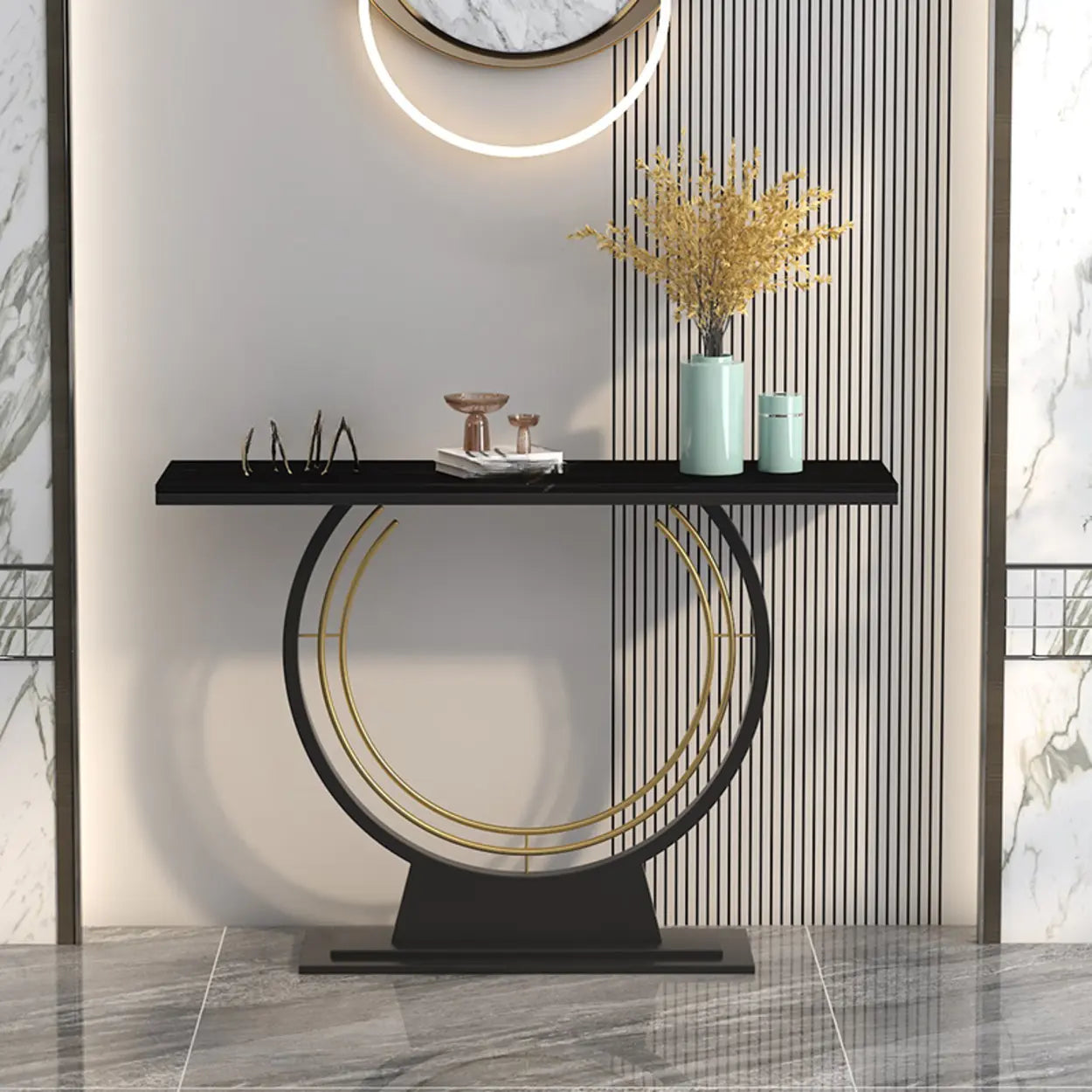 Rectangular Metal Stone White Console Table — White
