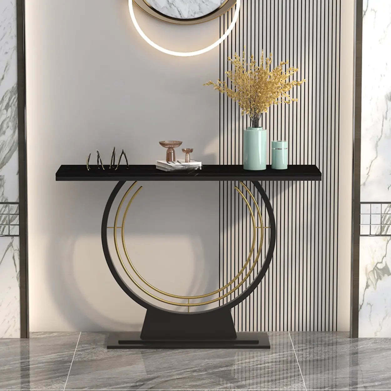 Rectangular Metal Stone White Console Table — White