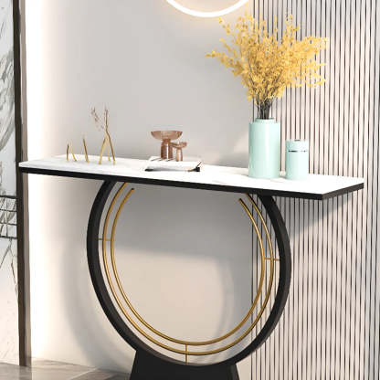 Rectangular Metal Stone White Console Table — Black