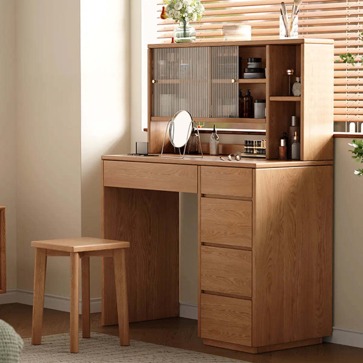 Nut-Brown Oak Drawer Makeup Vanity — Nut-Brown