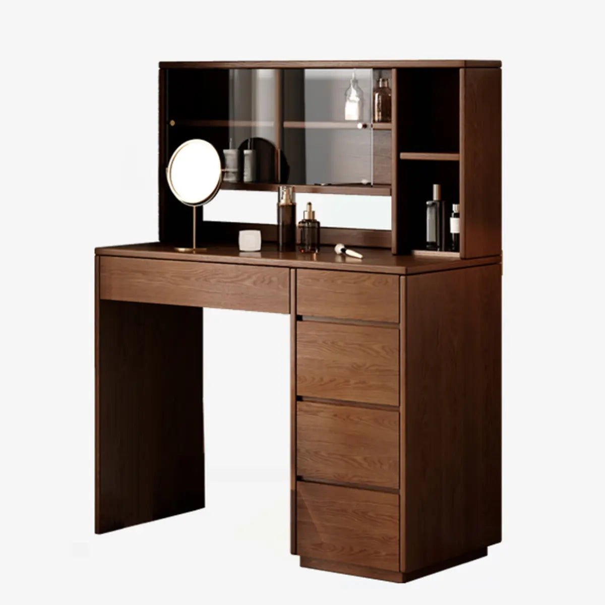 Nut-Brown Oak Drawer Makeup Vanity — Wood