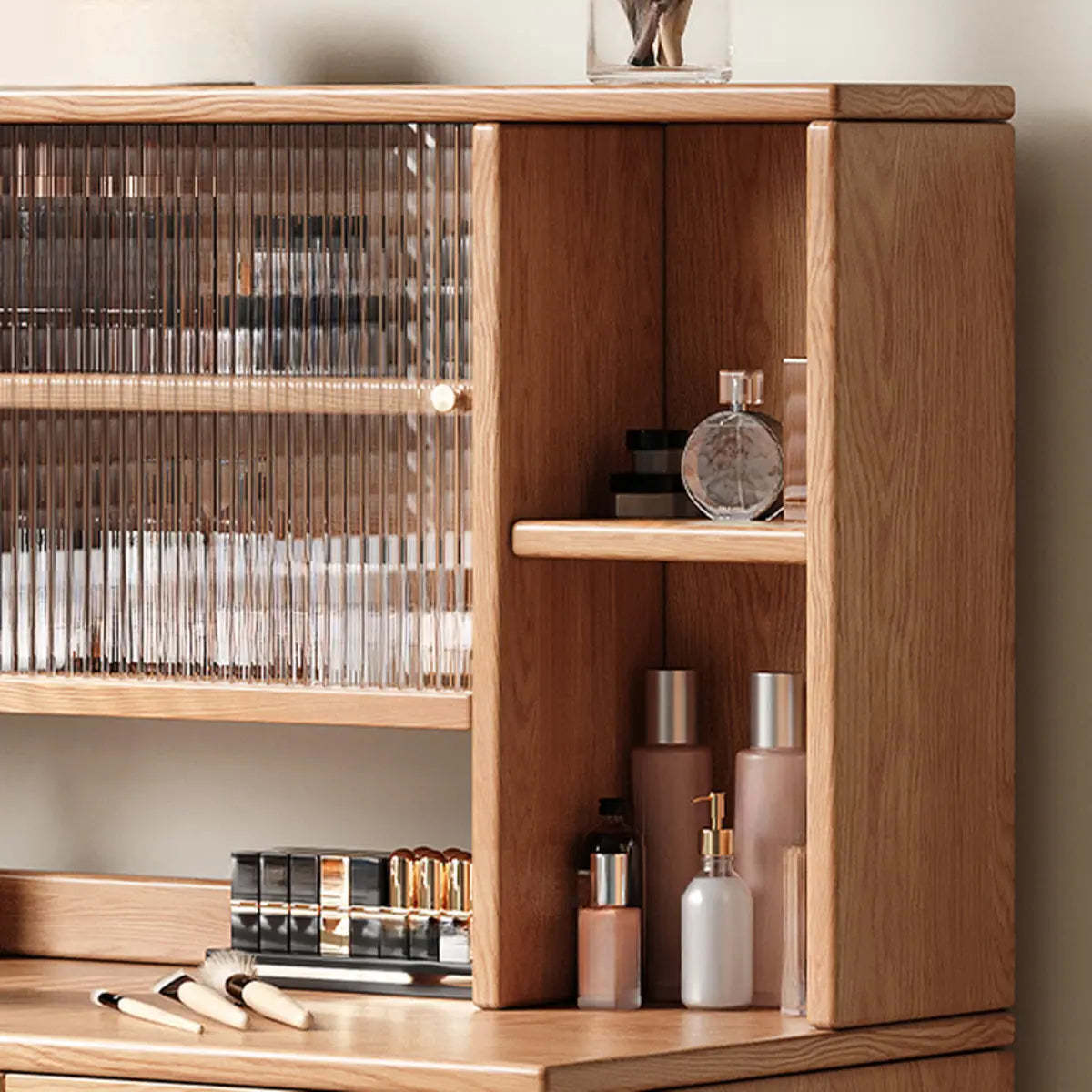 Nut-Brown Oak Drawer Makeup Vanity — Wood