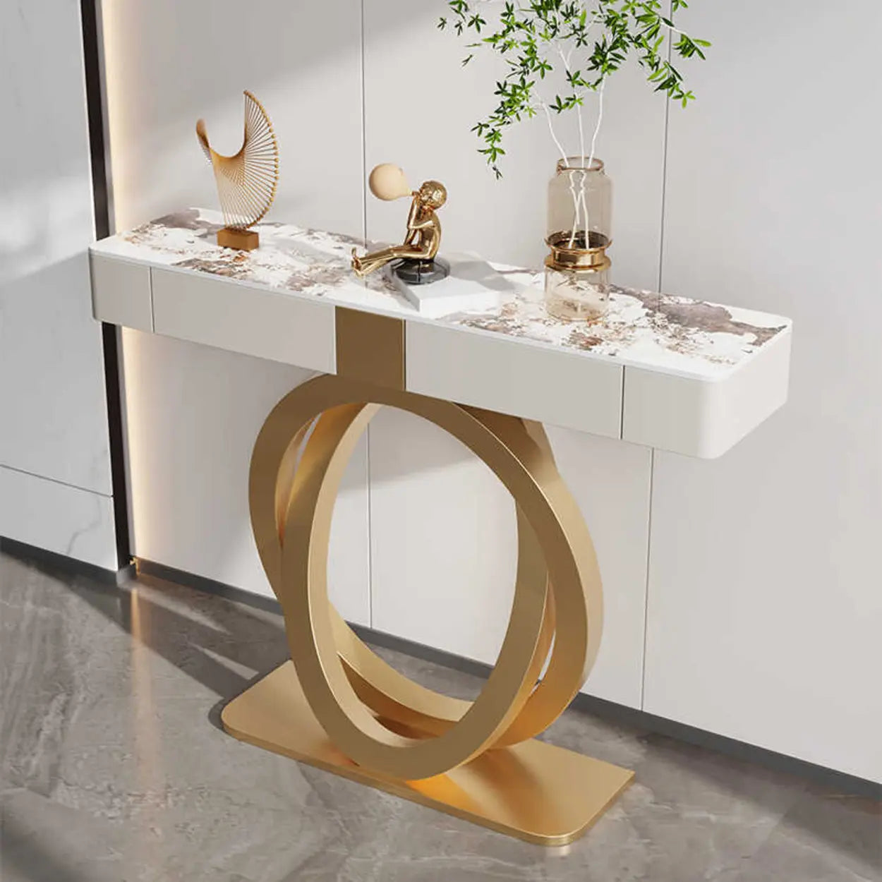 Stone Gold Base Storage Console Table — White