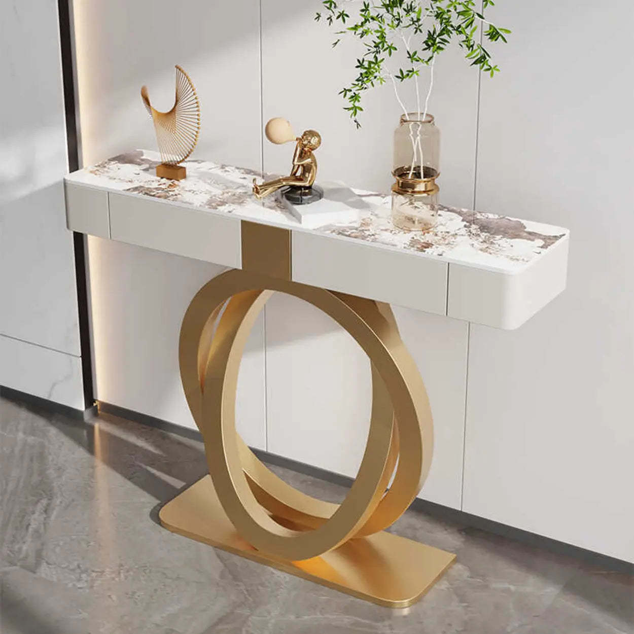 Stone Gold Base Storage Console Table — White