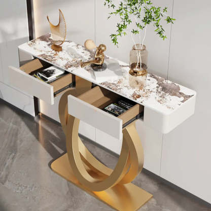Stone Gold Base Storage Console Table — White