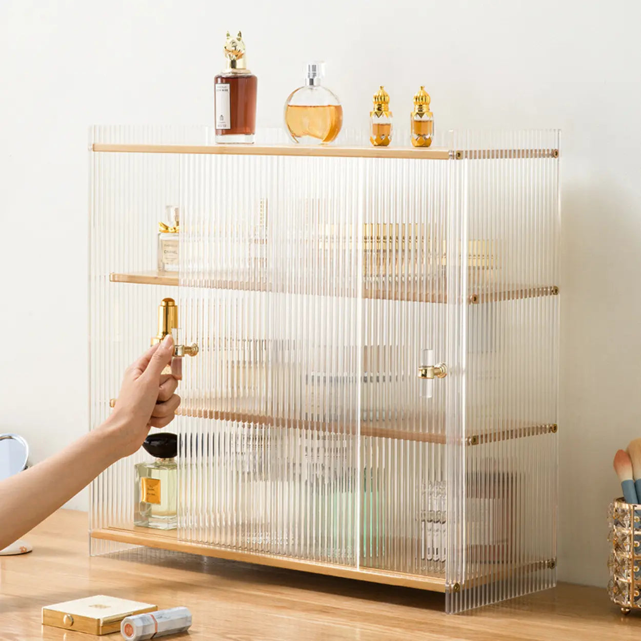 Rectangular Ribbed Glass Wood Small Display Cabinet — Natural