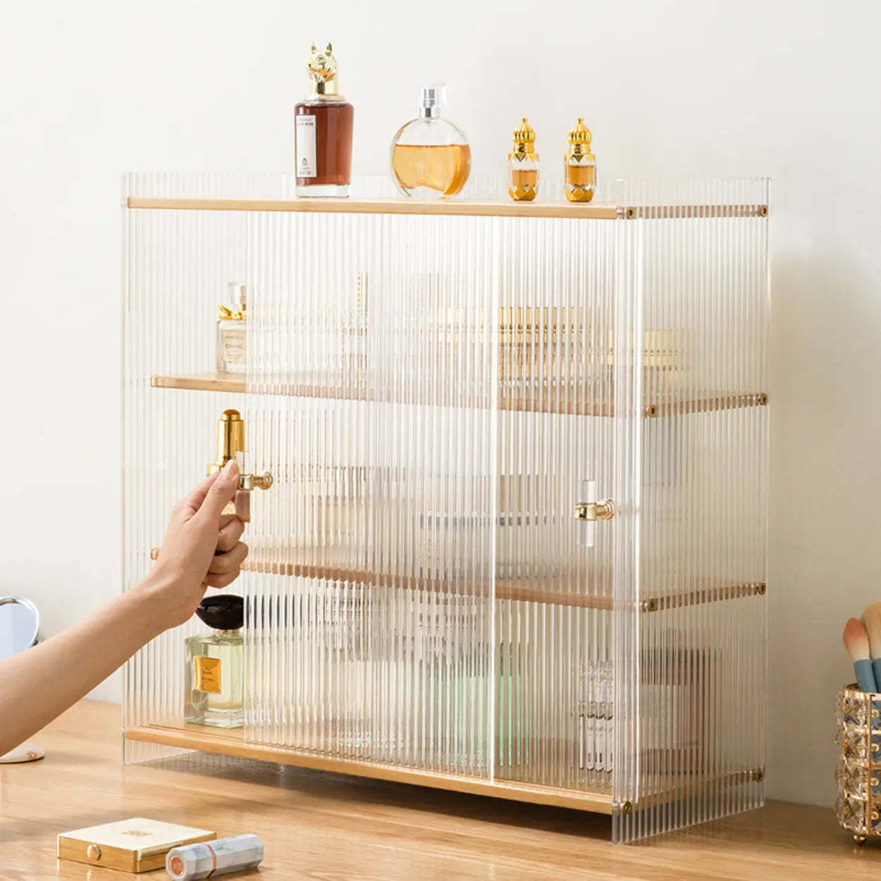 Rectangular Ribbed Glass Wood Small Display Cabinet — Natural