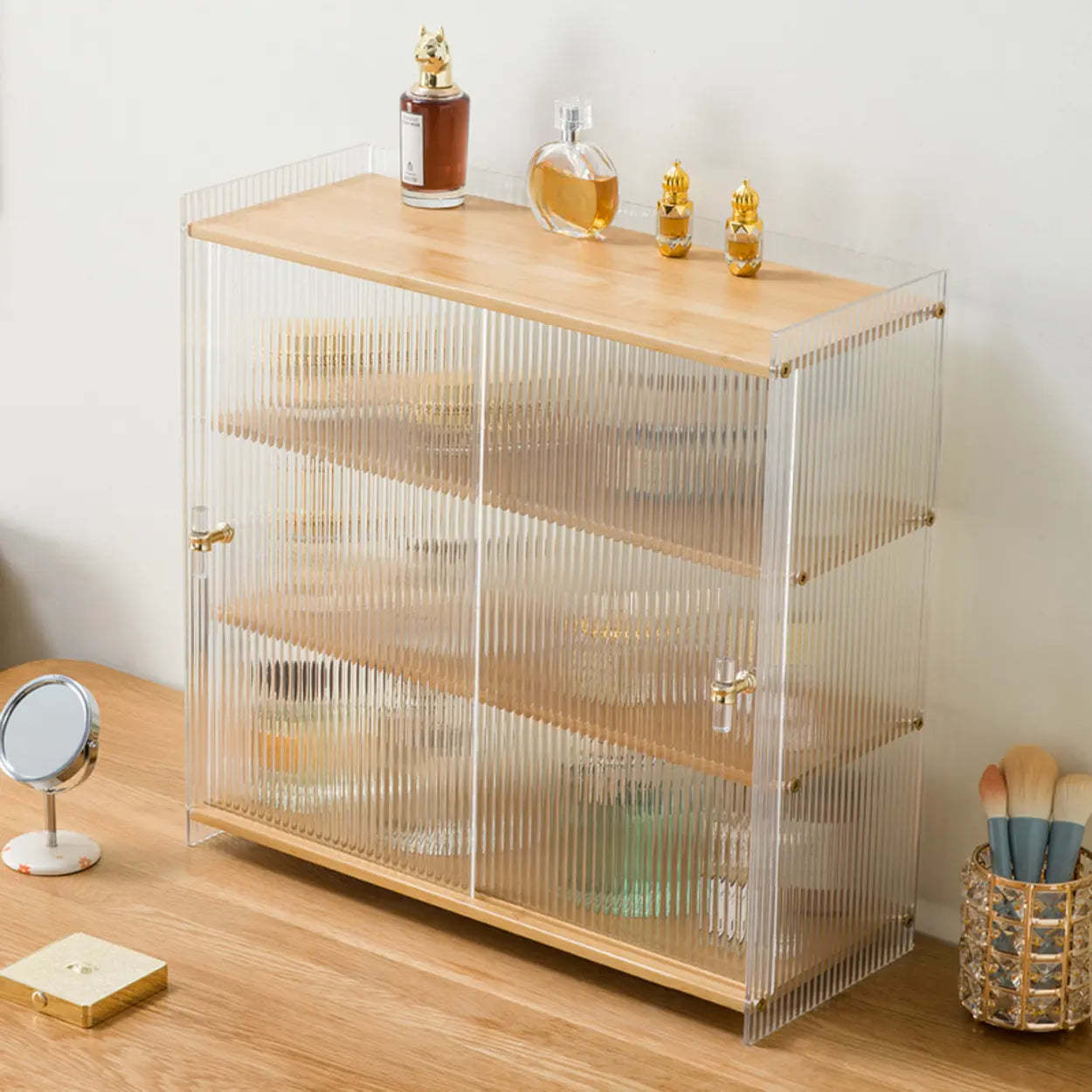 Rectangular Ribbed Glass Wood Small Display Cabinet — Tan