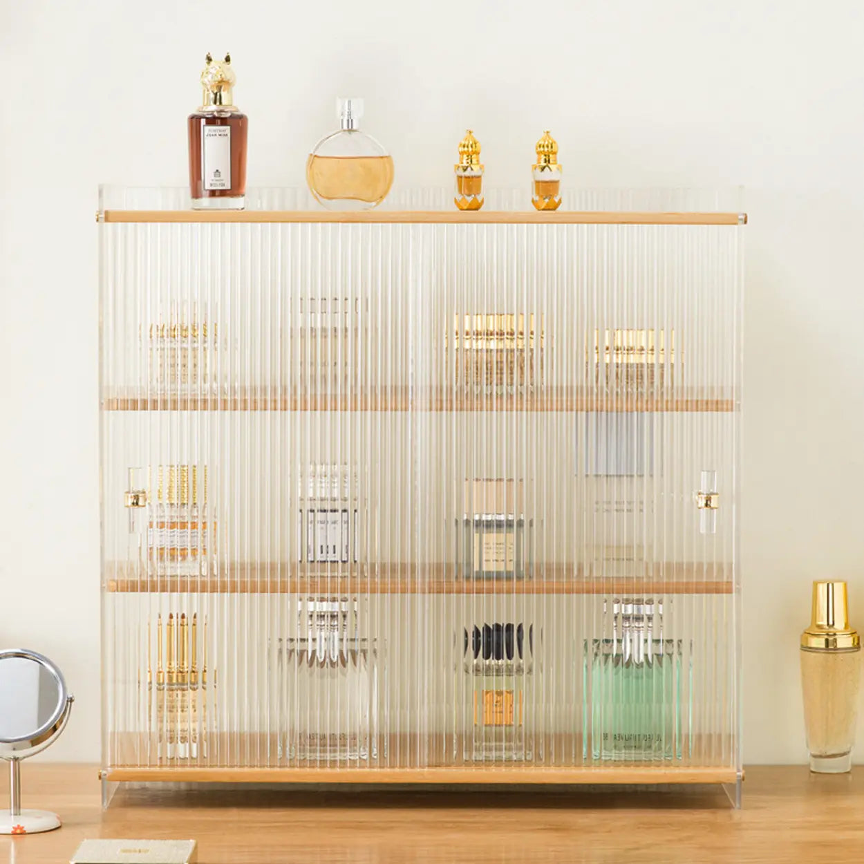 Rectangular Ribbed Glass Wood Small Display Cabinet — Natural