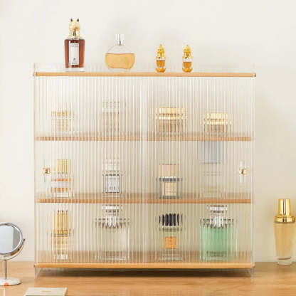 Rectangular Ribbed Glass Wood Small Display Cabinet — Natural