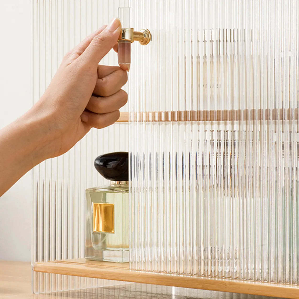 Rectangular Ribbed Glass Wood Small Display Cabinet — Tan