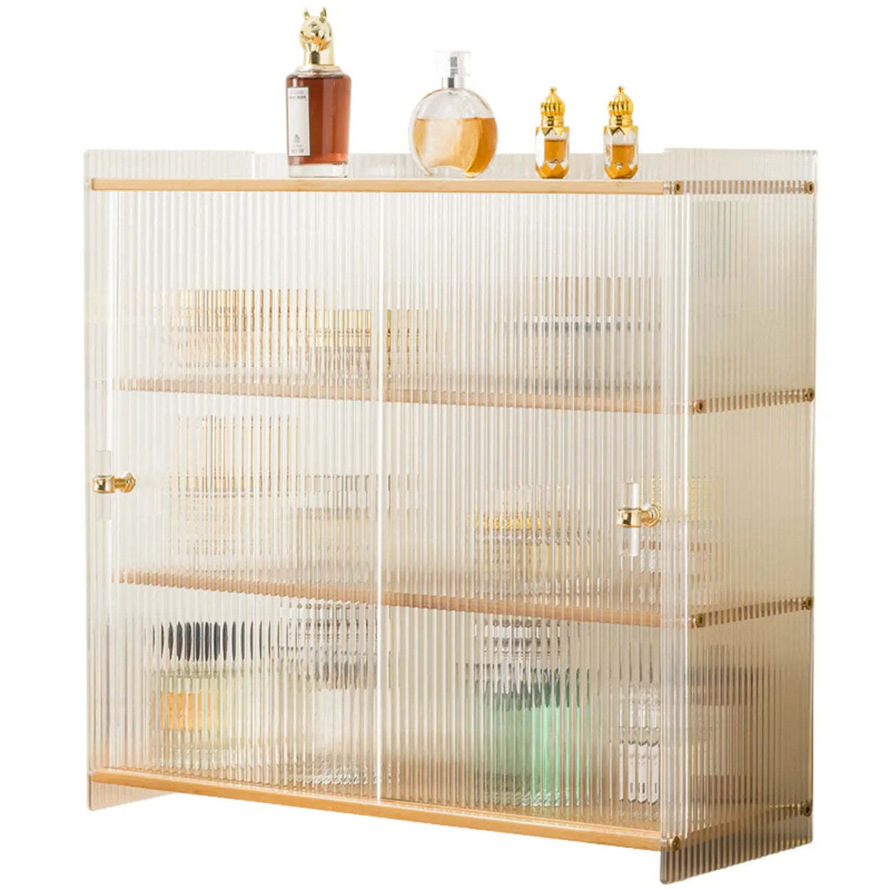 Rectangular Ribbed Glass Wood Small Display Cabinet