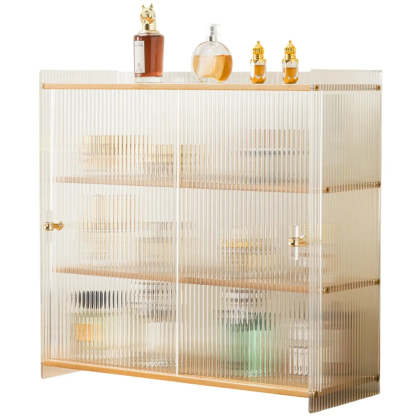 Rectangular Ribbed Glass Wood Small Display Cabinet