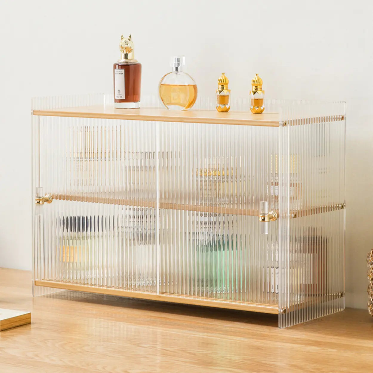 Rectangular Ribbed Glass Wood Small Display Cabinet
