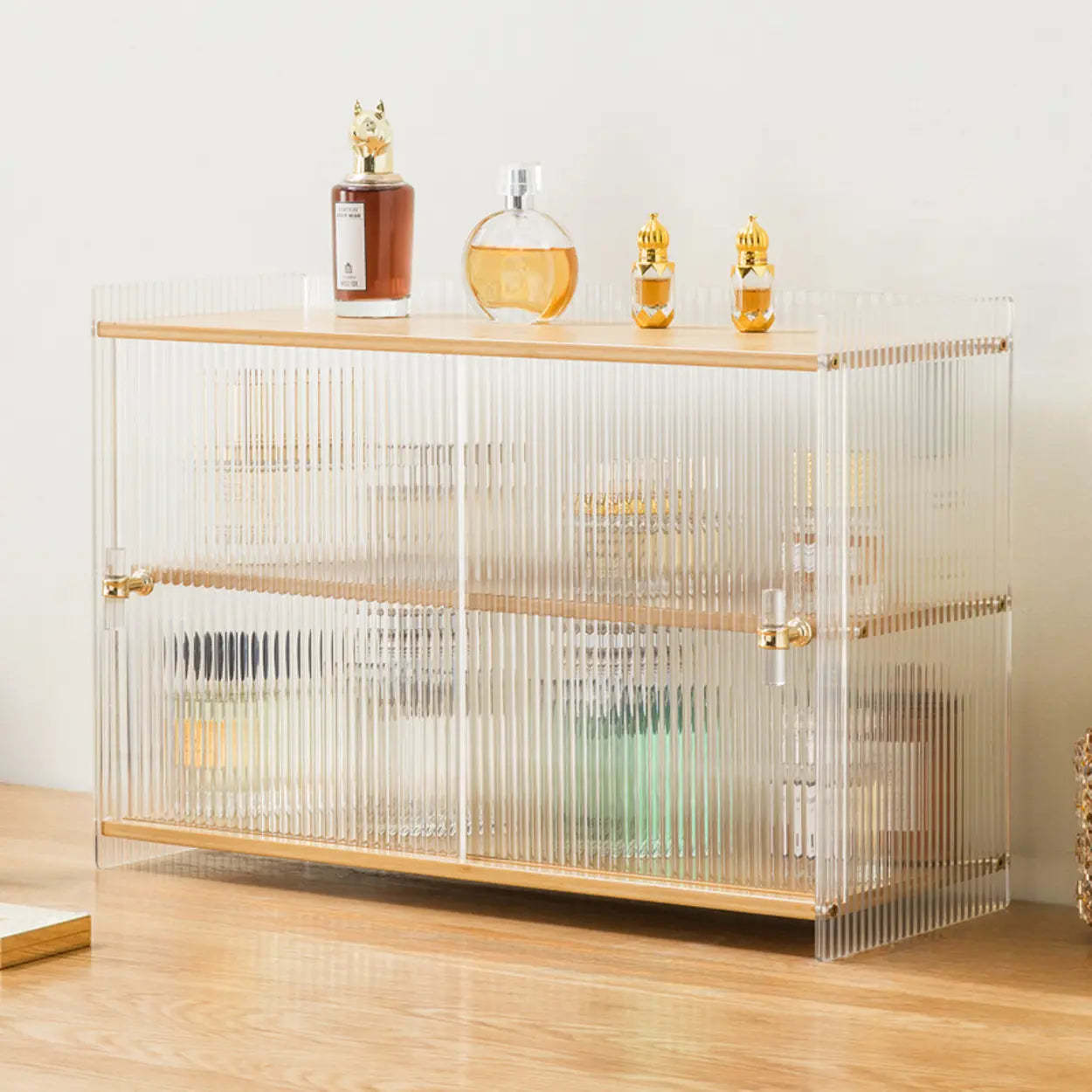 Rectangular Ribbed Glass Wood Small Display Cabinet