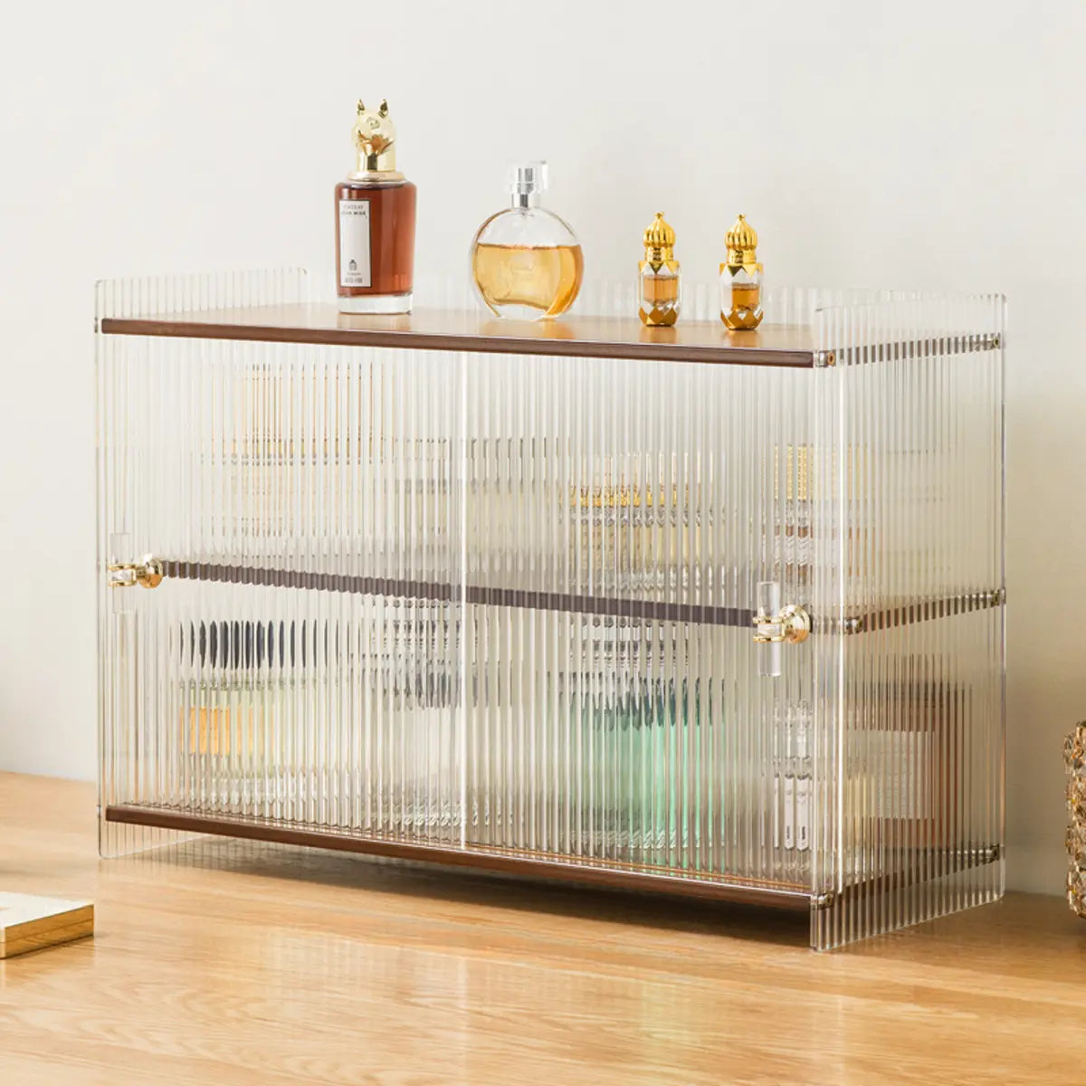 Rectangular Ribbed Glass Wood Small Display Cabinet