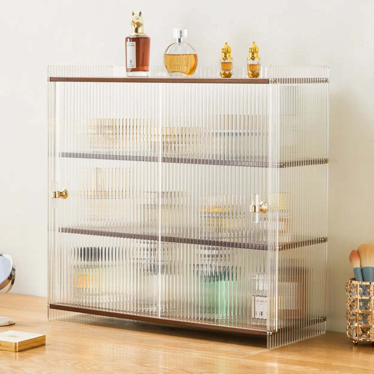 Rectangular Ribbed Glass Wood Small Display Cabinet