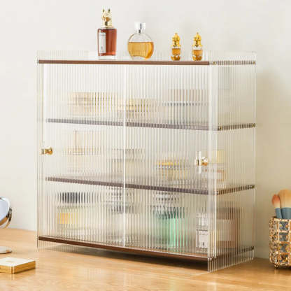 Rectangular Ribbed Glass Wood Small Display Cabinet