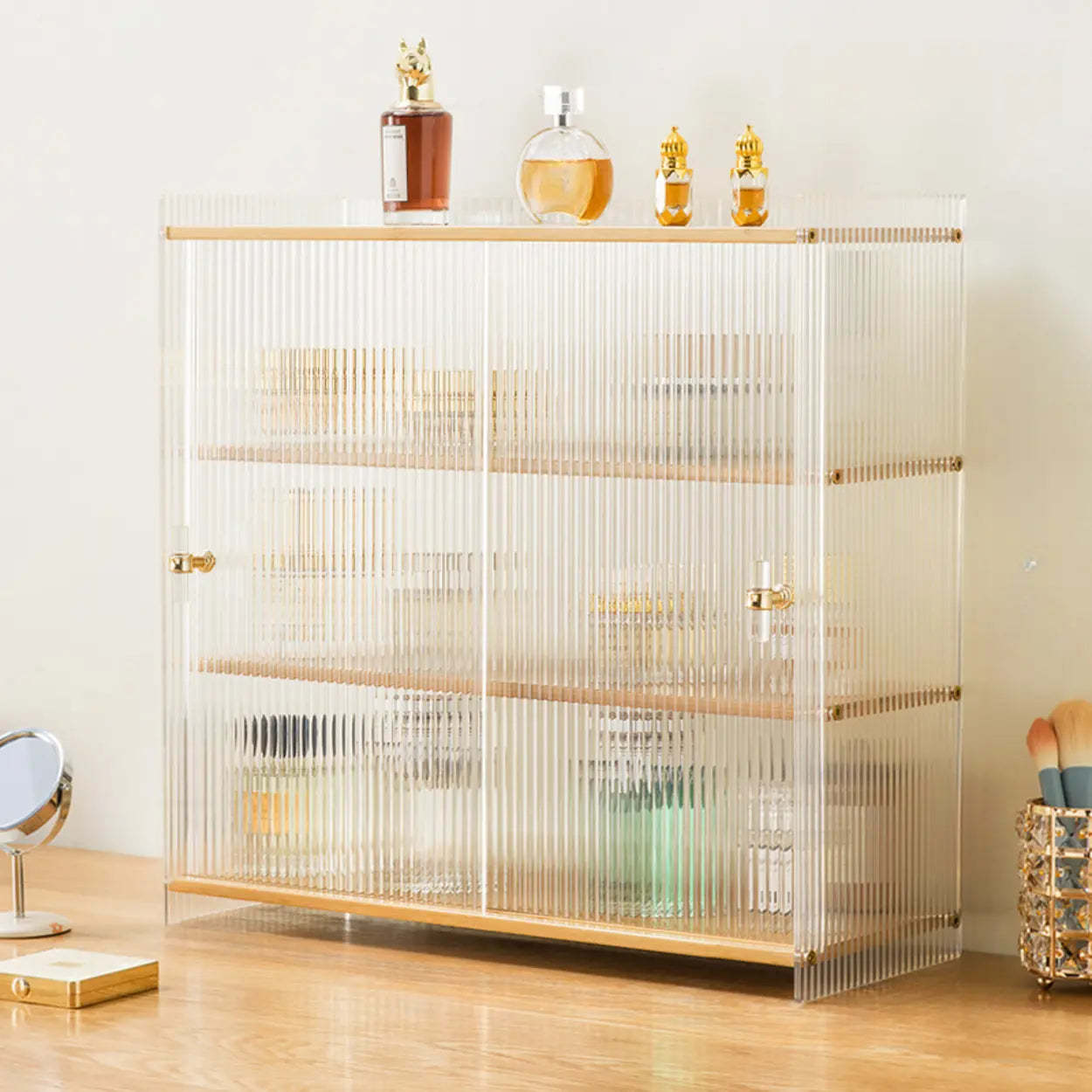 Rectangular Ribbed Glass Wood Small Display Cabinet