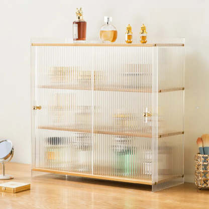 Rectangular Ribbed Glass Wood Small Display Cabinet