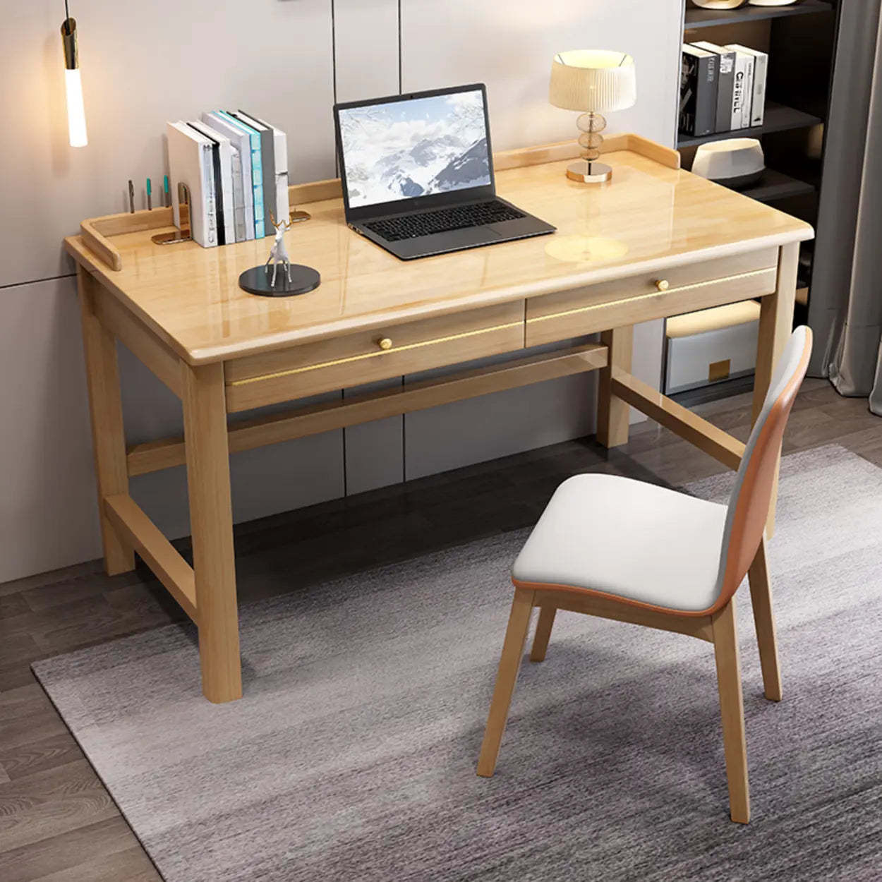 Rubberwood Drawer H-Shape Computer Desk — White / Table Only