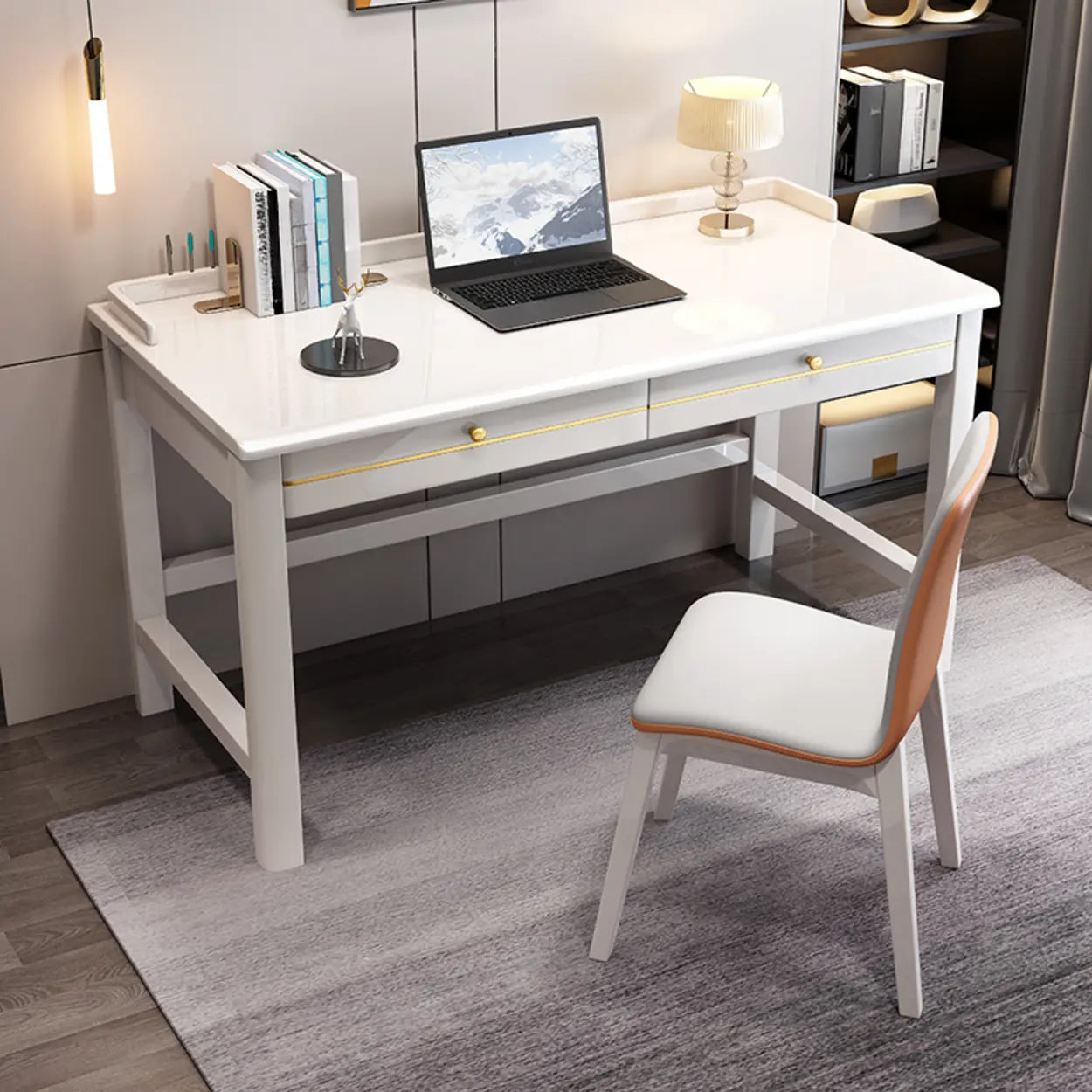 Rubberwood Drawer H-Shape Computer Desk — White / Table Only