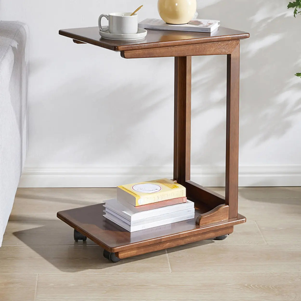 Rectangular Rubberwood Swivel Side Table with Wheels