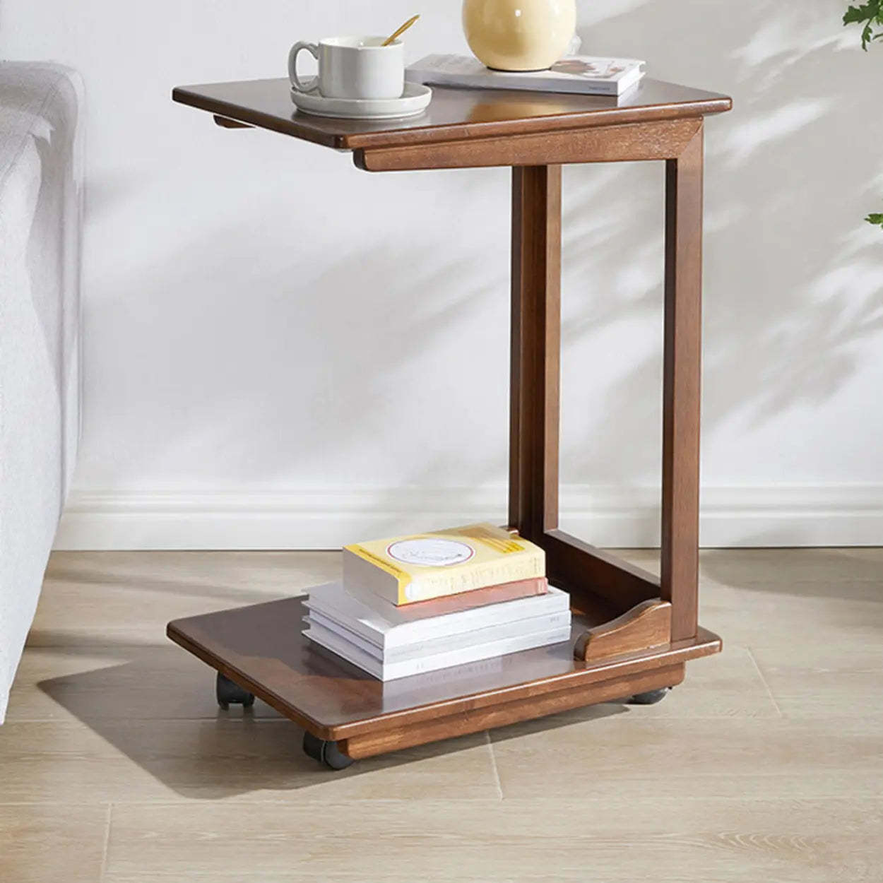 Rectangular Rubberwood Swivel Side Table with Wheels — Nut-Brown