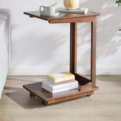 Rectangular Rubberwood Swivel Side Table with Wheels — Nut-Brown