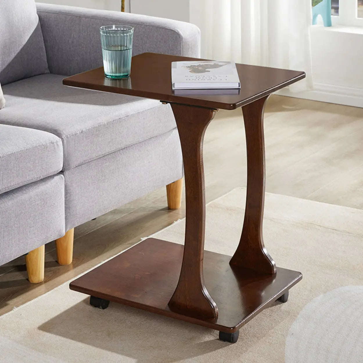 Rectangular Rubberwood Swivel Side Table with Wheels — Natural