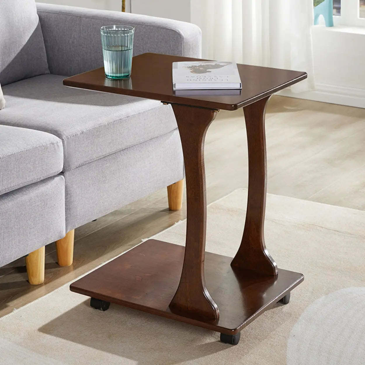 Rectangular Rubberwood Swivel Side Table with Wheels — Natural