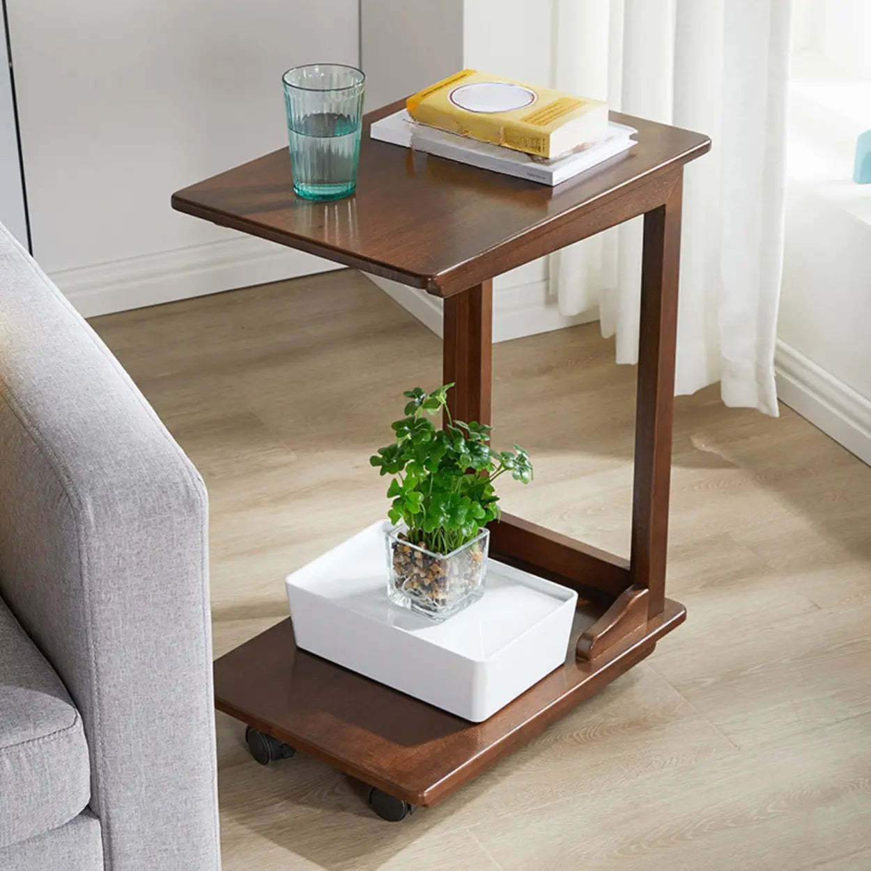 Rectangular Rubberwood Swivel Side Table with Wheels — Nut-Brown