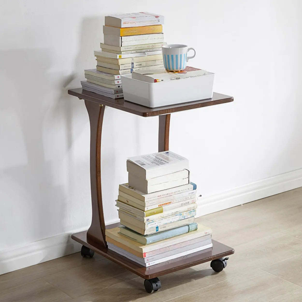 Rectangular Rubberwood Swivel Side Table with Wheels
