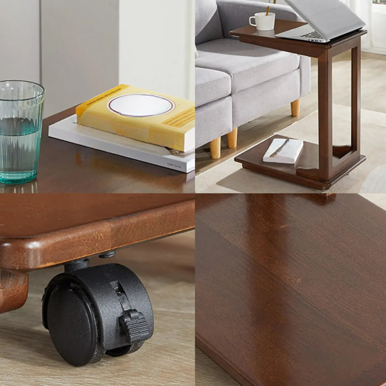 Rectangular Rubberwood Swivel Side Table with Wheels