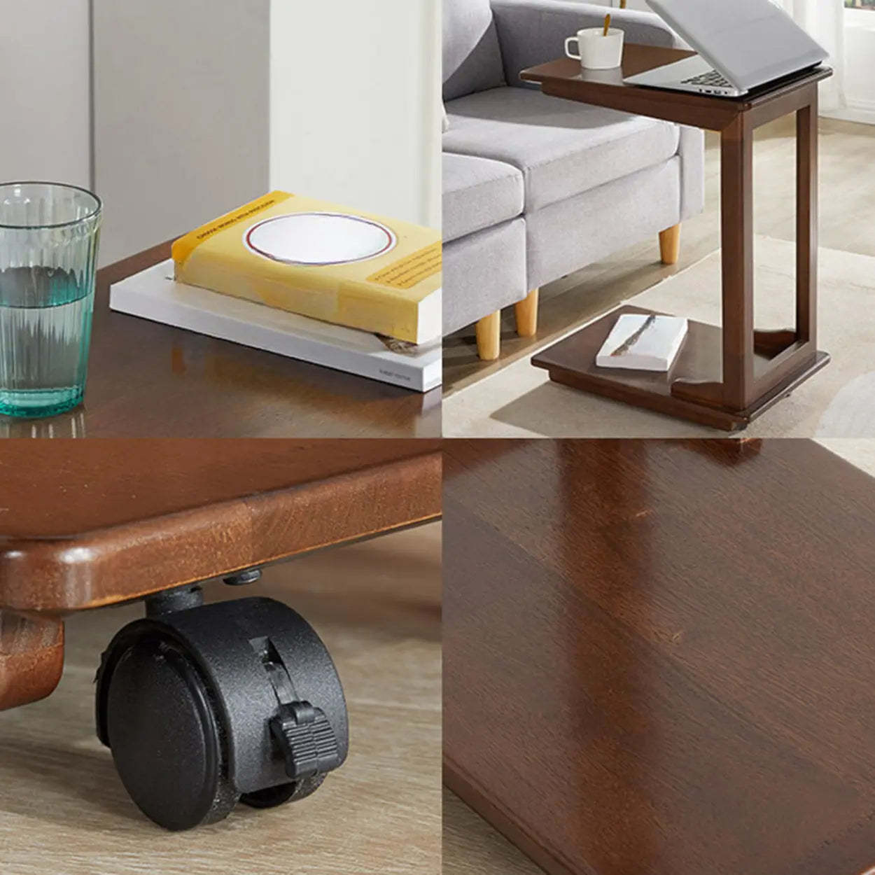Rectangular Rubberwood Swivel Side Table with Wheels