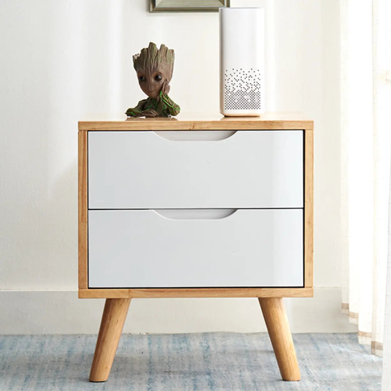 Rectangular White Rubberwood 2-Drawer Nightstand — White / Tilted Leg / 2