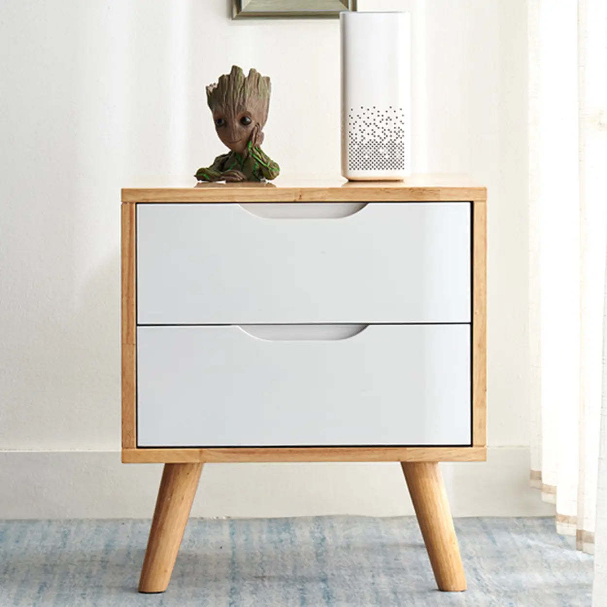 Rectangular White Rubberwood 2-Drawer Nightstand — White / Tilted Leg / 2