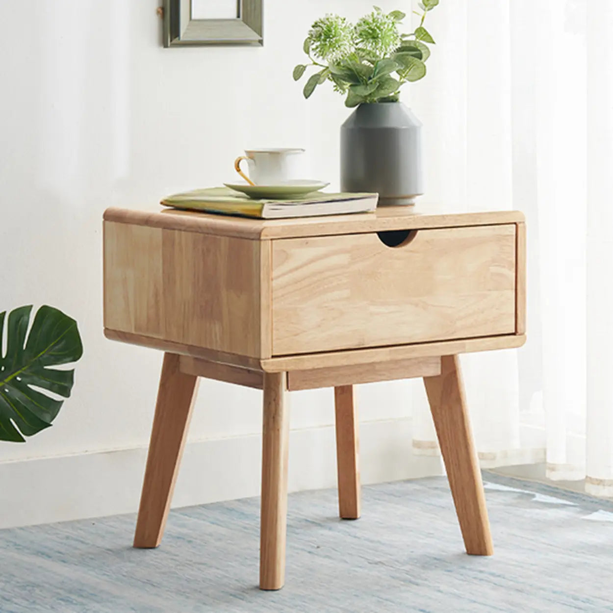 Rectangular White Rubberwood 2-Drawer Nightstand — Wood/ White / Tilted Leg / 2