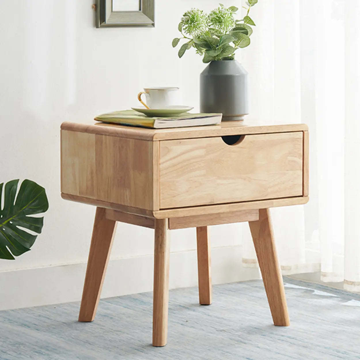 Rectangular White Rubberwood 2-Drawer Nightstand — Wood/ White / Tilted Leg / 2