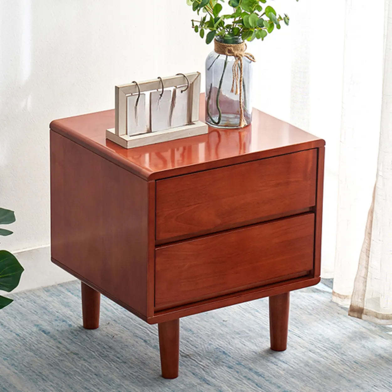 Rectangular White Rubberwood 2-Drawer Nightstand — Wood/ White / Tilted Leg / 1