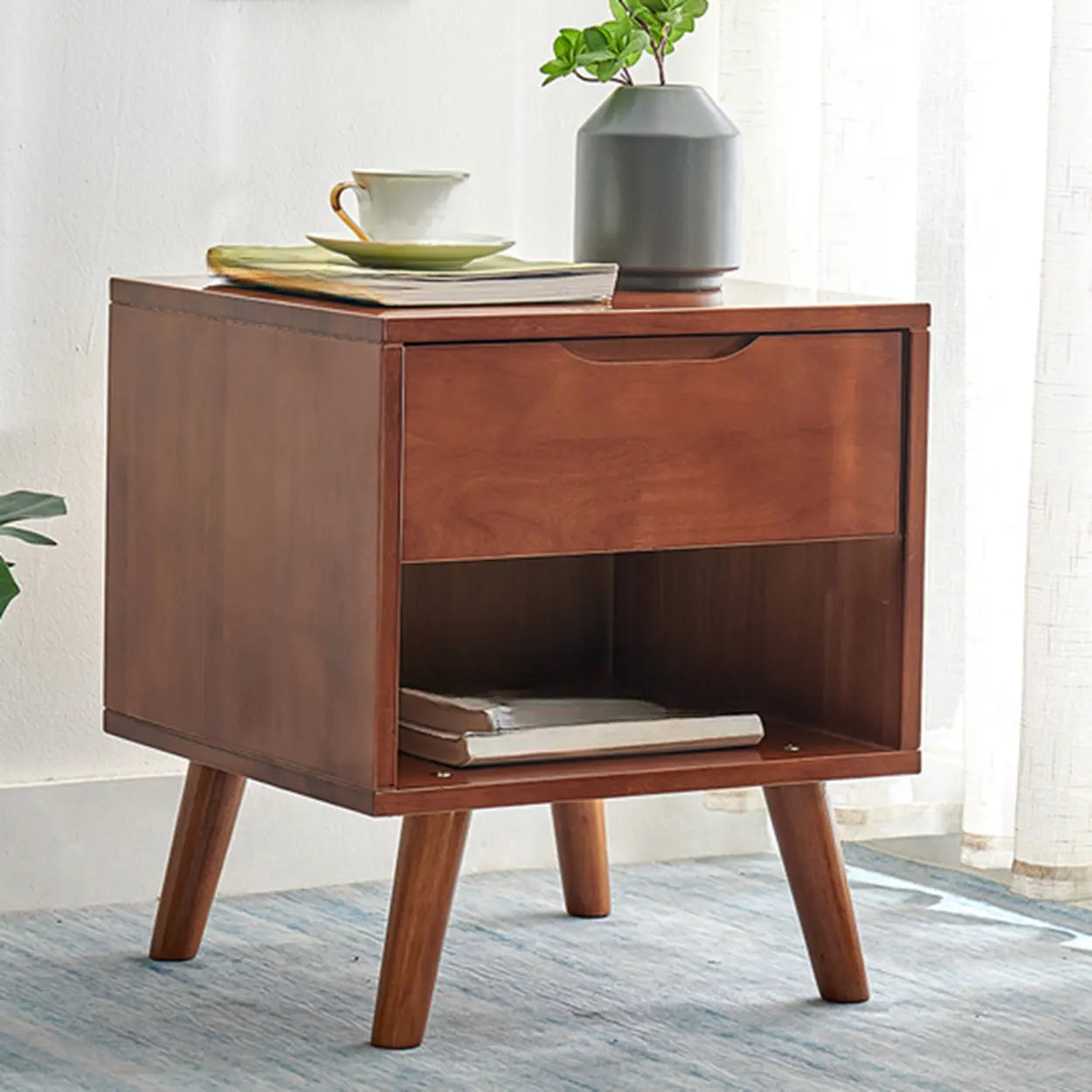 Rectangular White Rubberwood 2-Drawer Nightstand — Wood/ White / Straight Leg / 2