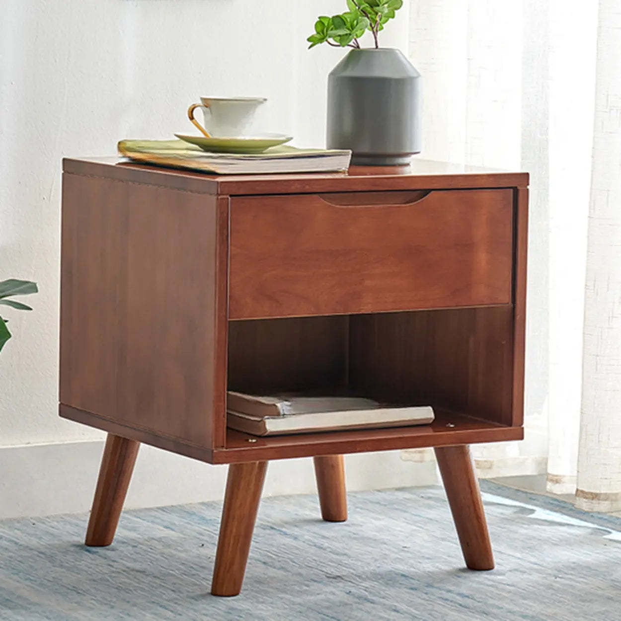 Rectangular White Rubberwood 2-Drawer Nightstand — Wood/ White / Straight Leg / 2