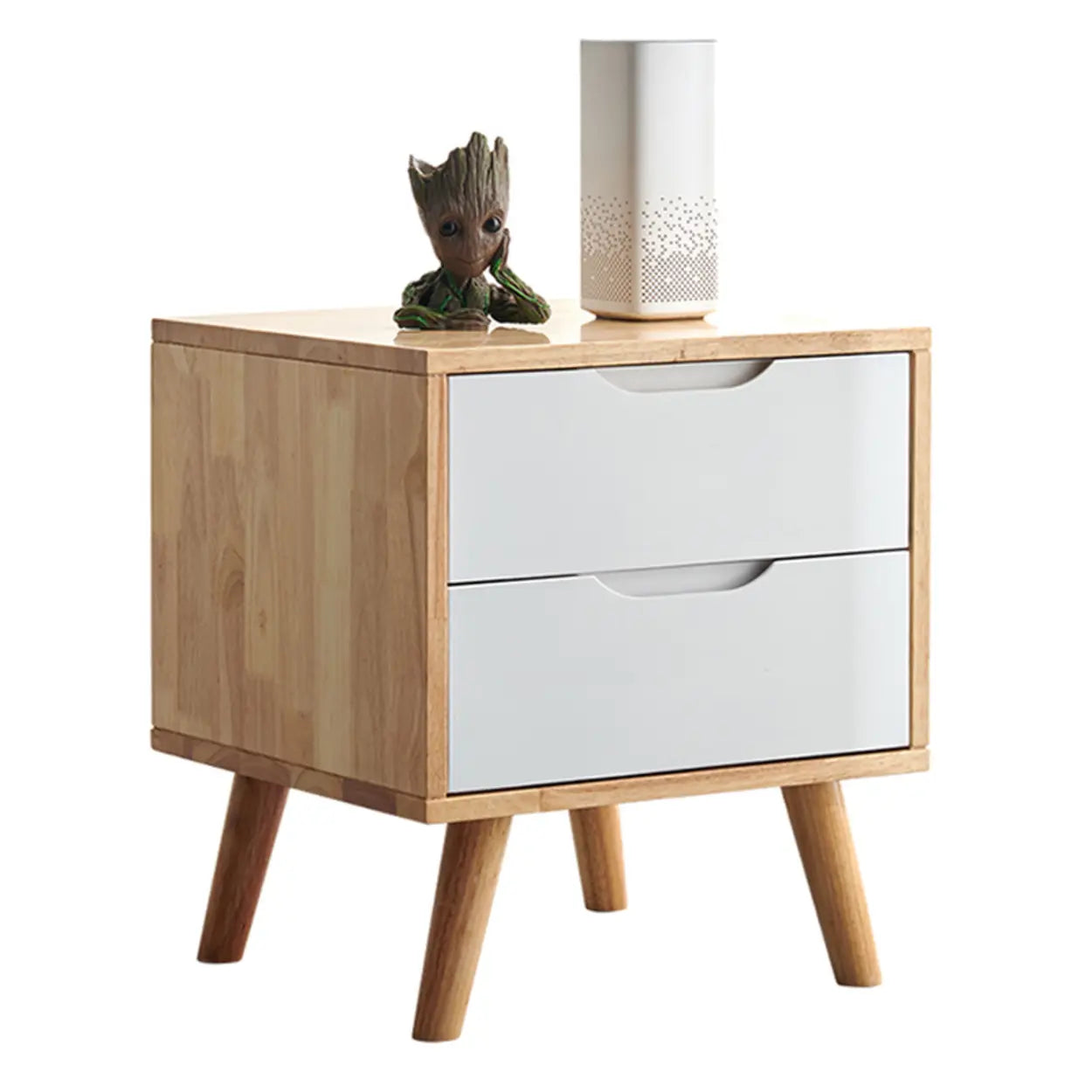 Rectangular White Rubberwood 2-Drawer Nightstand — Natural / Tilted Leg / 1